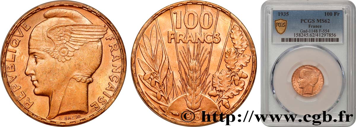 100 francs or, Bazor 1935 Paris F.554/6 SPL62 PCGS