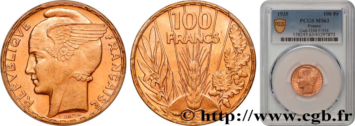 100 francs or, Bazor 1935 Paris F.554/6 SPL63 PCGS