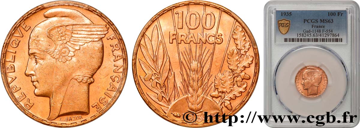 100 francs or, Bazor 1935 Paris F.554/6 SPL63 PCGS