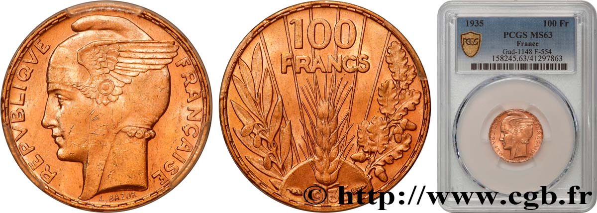 100 francs or, Bazor 1935 Paris F.554/6 MS63 PCGS