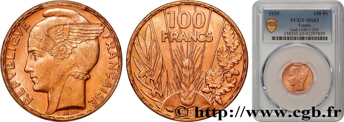 100 francs or, Bazor 1935 Paris F.554/6 MS63 PCGS