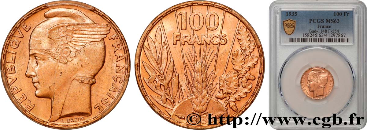 100 francs or, Bazor 1935 Paris F.554/6 SPL63 PCGS