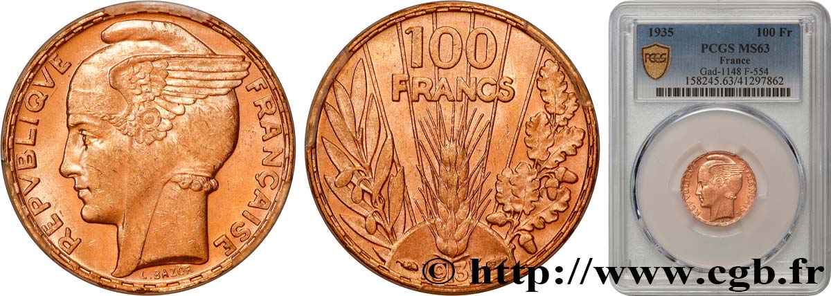 100 francs or, Bazor 1935 Paris F.554/6 SPL63 PCGS