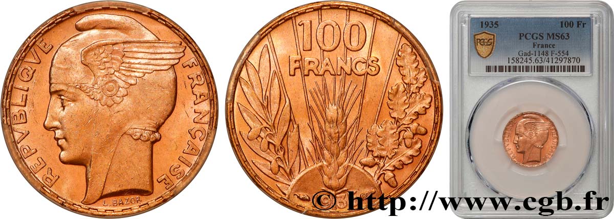 100 francs or, Bazor 1935 Paris F.554/6 SPL63 PCGS