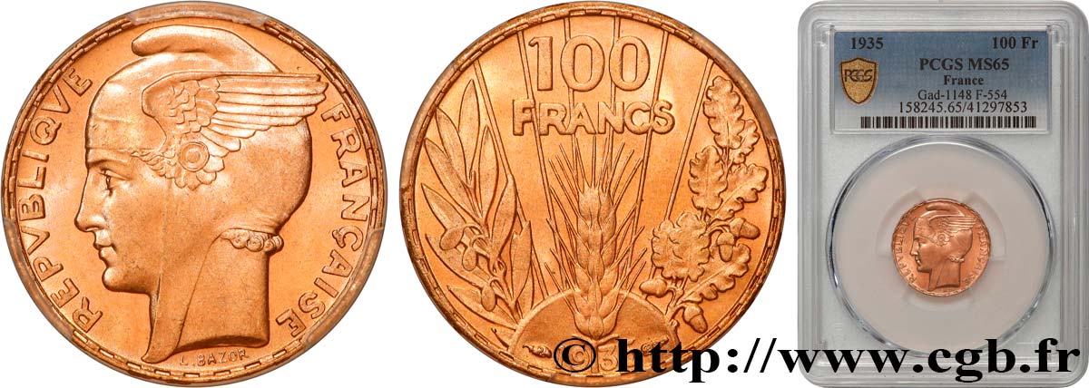 100 francs or, Bazor 1935 Paris F.554/6 MS65 PCGS