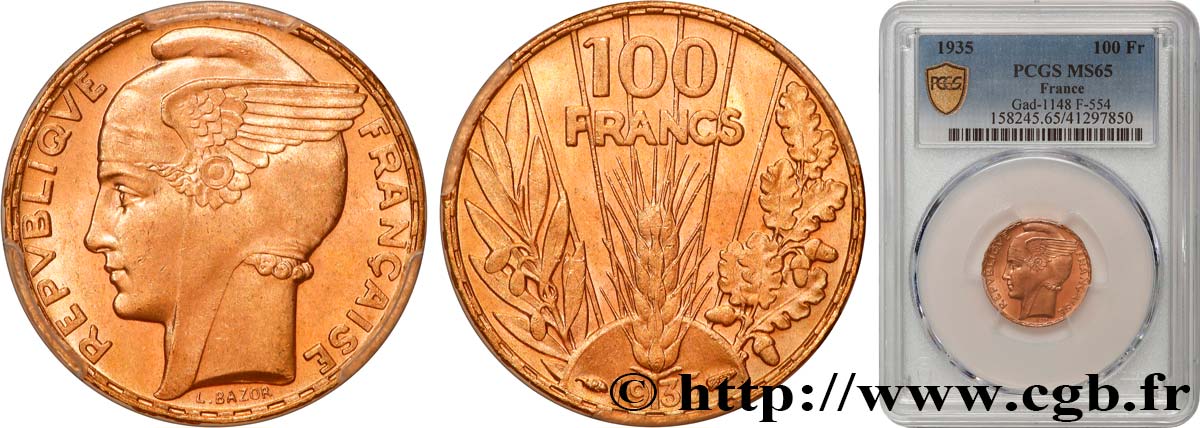 100 francs or, Bazor 1935 Paris F.554/6 MS65 PCGS