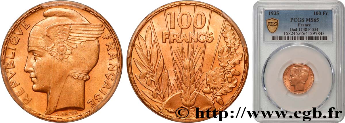 100 francs or, Bazor 1935 Paris F.554/6 MS65 PCGS