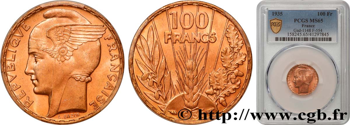 100 francs or, Bazor 1935 Paris F.554/6 MS65 PCGS