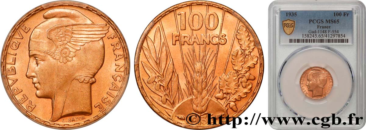 100 francs or, Bazor 1935 Paris F.554/6 MS65 PCGS