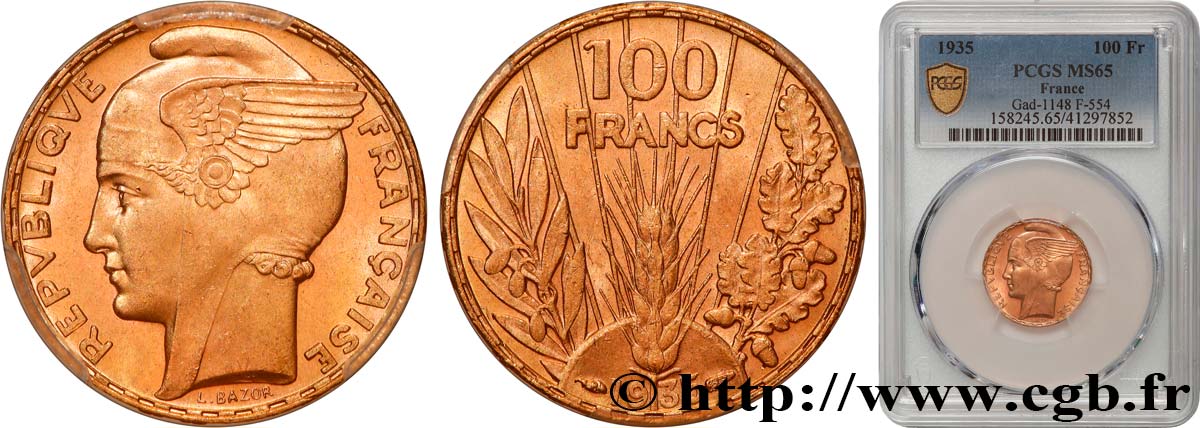 100 francs or, Bazor 1935 Paris F.554/6 FDC65 PCGS