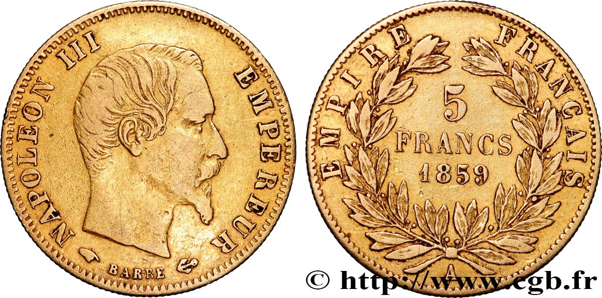 5 francs or Napoléon III, tête nue, grand module 1859 Paris F.501/7 VF 