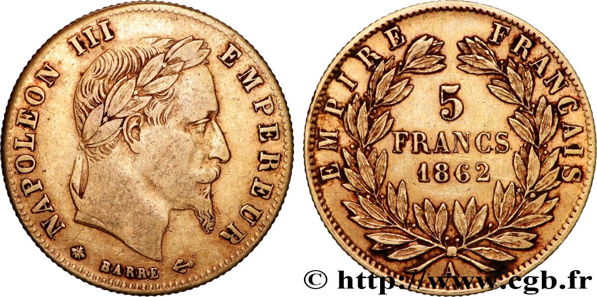 5 francs or Napoléon III, tête laurée 1862 Paris F.502/1 BC+ 