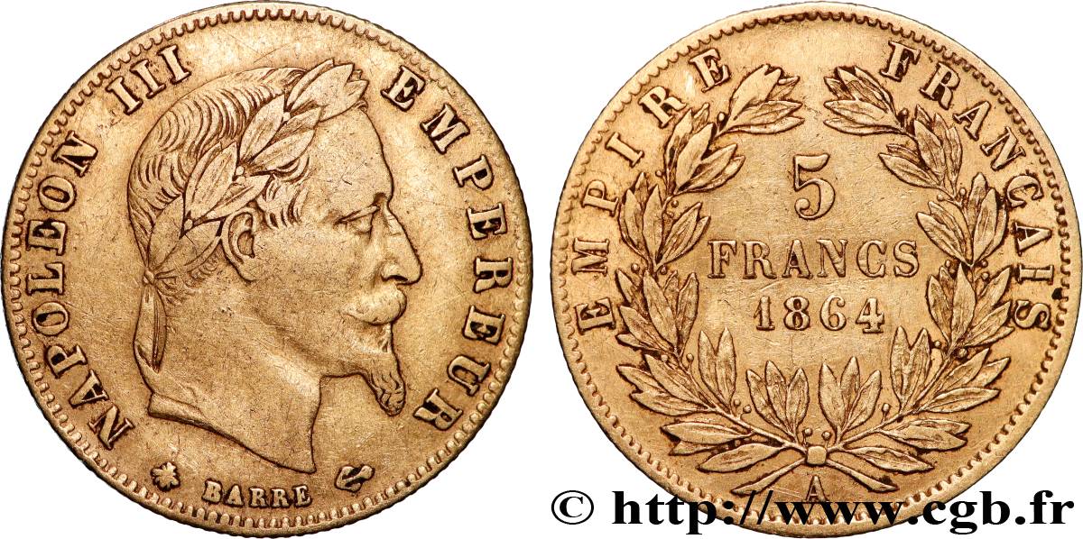 5 francs or Napoléon III, tête laurée 1864 Paris F.502/5 VF 