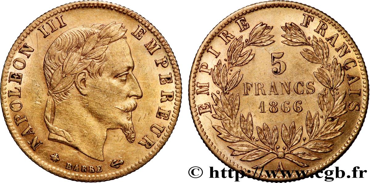 5 francs or Napoléon III, tête laurée 1866 Paris F.502/9 AU 