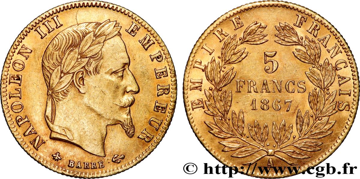 5 francs or Napoléon III, tête laurée 1867 Paris F.502/11 TTB+ 