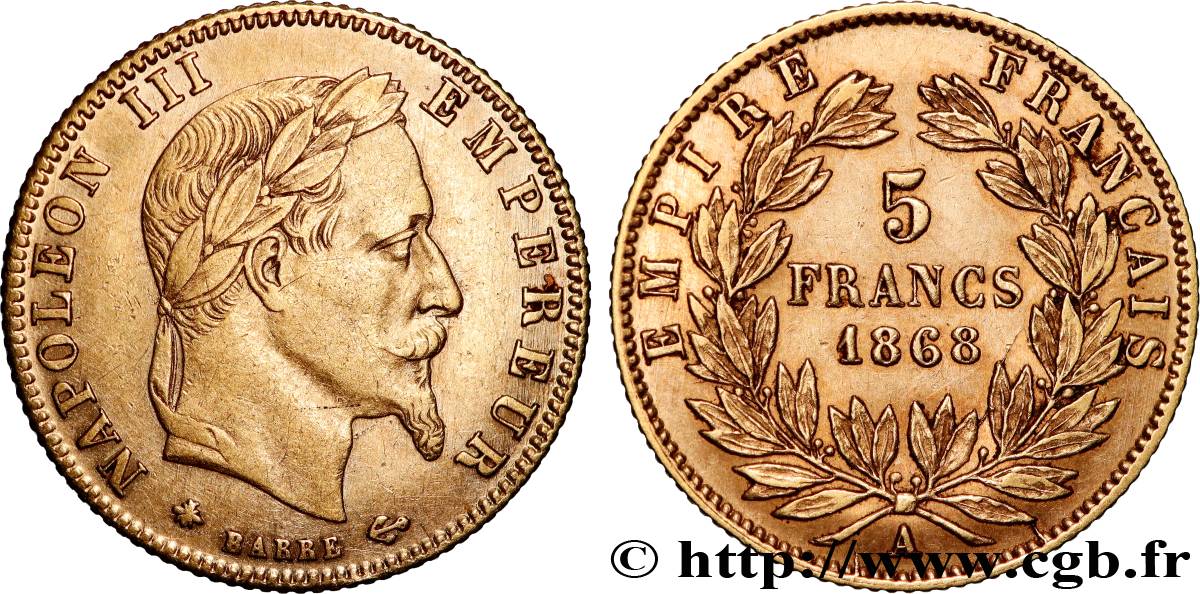 5 francs or Napoléon III, tête laurée 1868 Paris F.502/13 TTB 