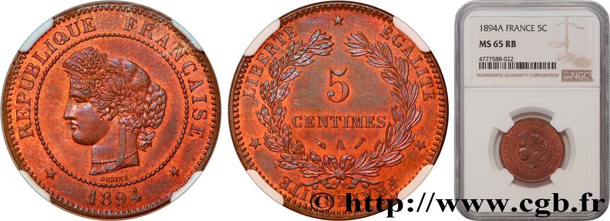 5 centimes Cérès 1894 Paris F.118/36 ST65 NGC