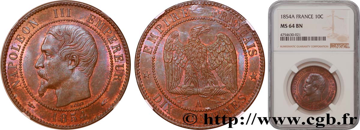 Dix centimes Napoléon III, tête nue 1854 Paris F.133/11 fST64 NGC