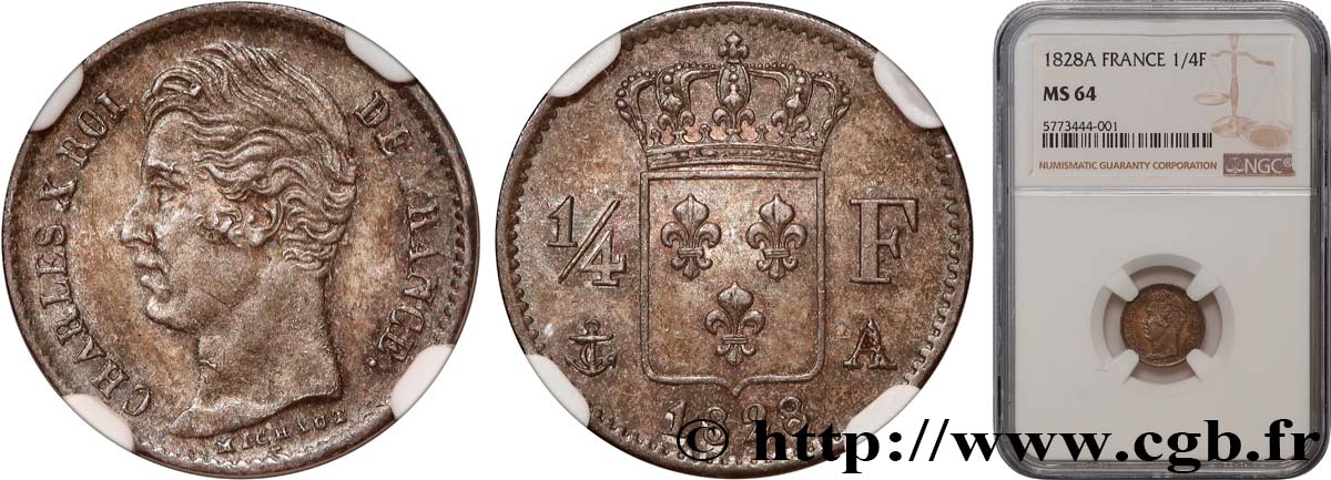 1/4 franc Charles X 1828 Paris F.164/18 MS64 NGC