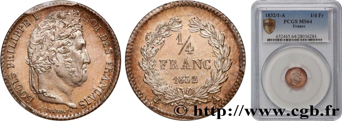 1/4 franc Louis-Philippe 1832 Paris F.166/12 MS64 PCGS