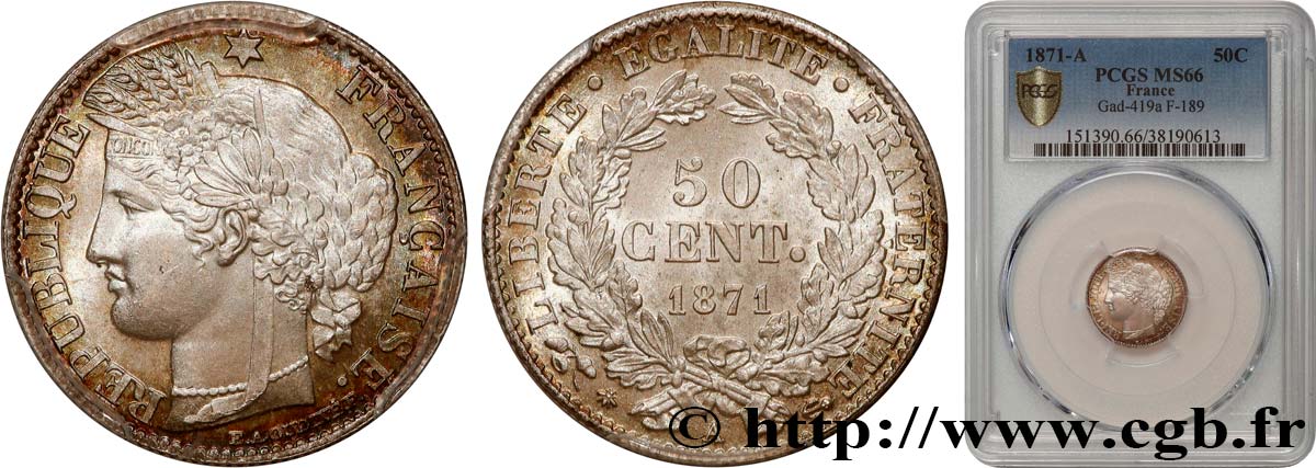 50 centimes Cérès, Troisième République 1871 Paris F.189/1 MS66 PCGS