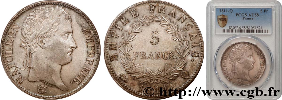 5 francs Napoléon Empereur, Empire français 1811 Perpignan F.307/37 AU58 PCGS