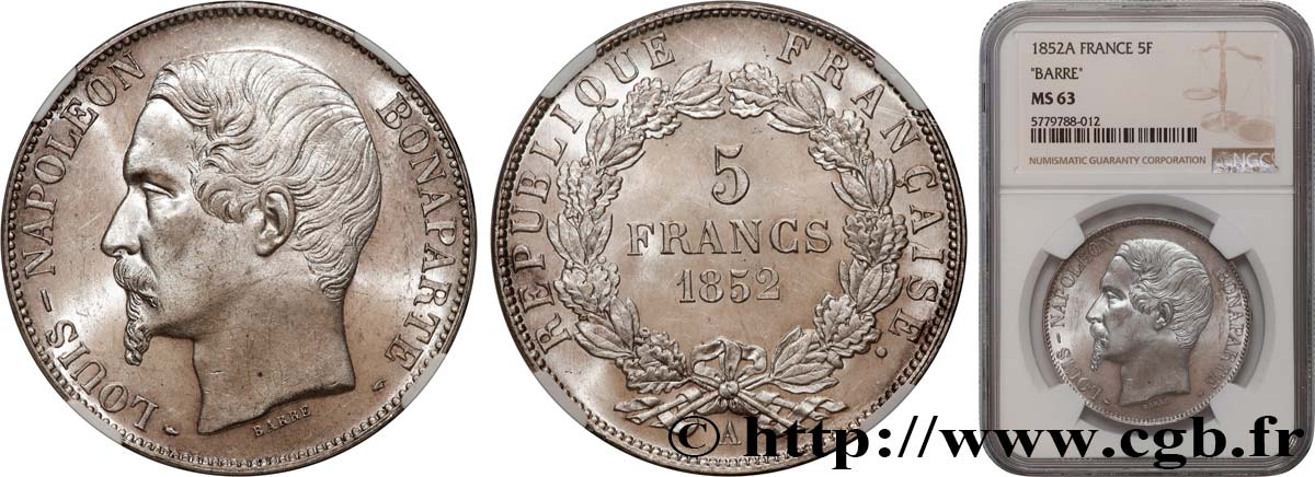 5 francs Louis-Napoléon, 2ème type 1852 Paris F.329/2 SPL63 NGC