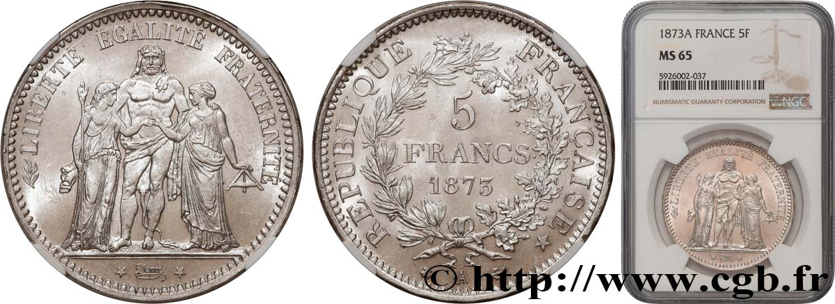 5 francs Hercule 1873 Paris F.334/9 FDC65 NGC