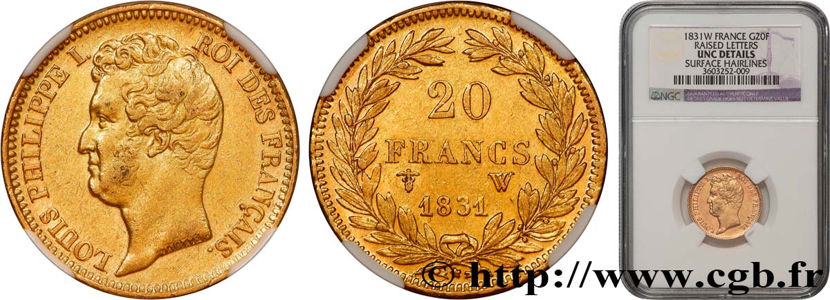 20 francs or Louis-Philippe, Tiolier, tranche inscrite en relief 1831 Lille F.525/5 VZ+ NGC