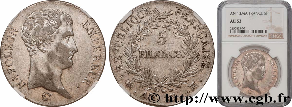 5 francs Napoléon Empereur, Calendrier révolutionnaire 1805 Marseille F.303/14 TTB53 NGC