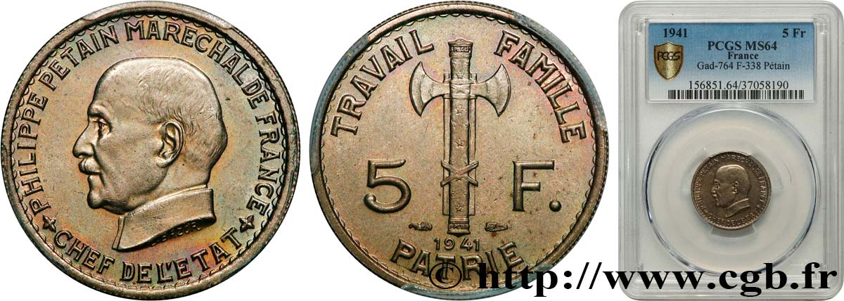 5 francs Pétain  1941  F.338/2 SPL64 PCGS