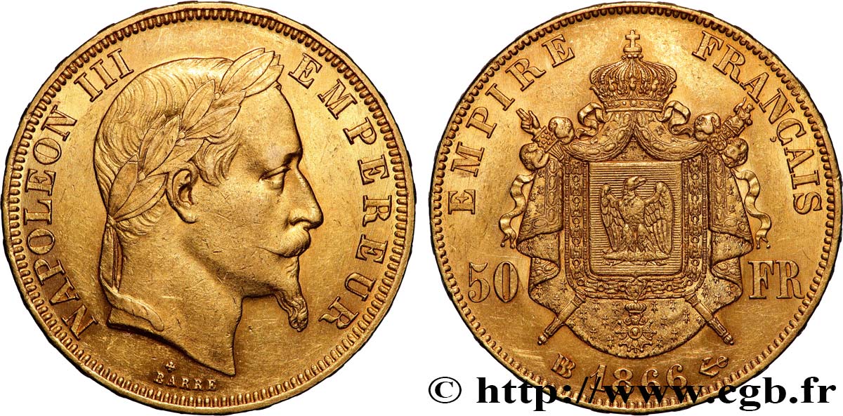 50 francs or Napoléon III, tête laurée 1866 Strasbourg F.548/7 TTB+ 