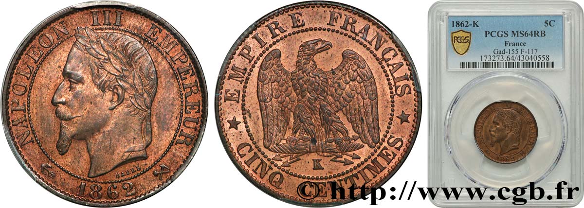 Cinq centimes Napoléon III, tête laurée 1862 Bordeaux F.117/9 MS64 PCGS