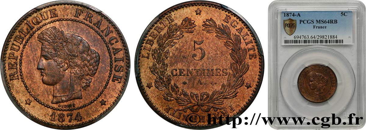 5 centimes Cérès 1874 Paris F.118/9 MS64 PCGS