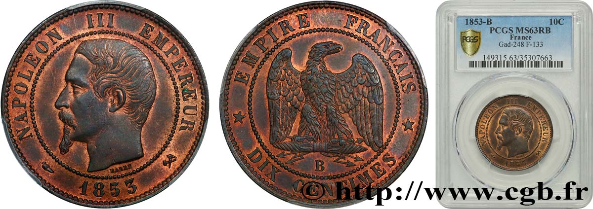 Dix centimes Napoléon III, tête nue 1853 Strasbourg F.133/4 fST63 PCGS