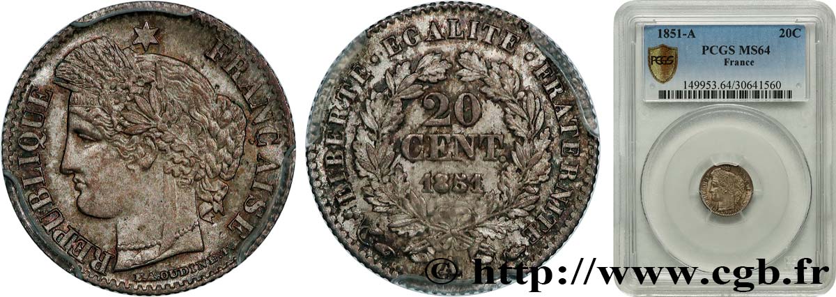 20 centimes Cérès, IIe République 1851 Paris F.146/7 MS64 PCGS