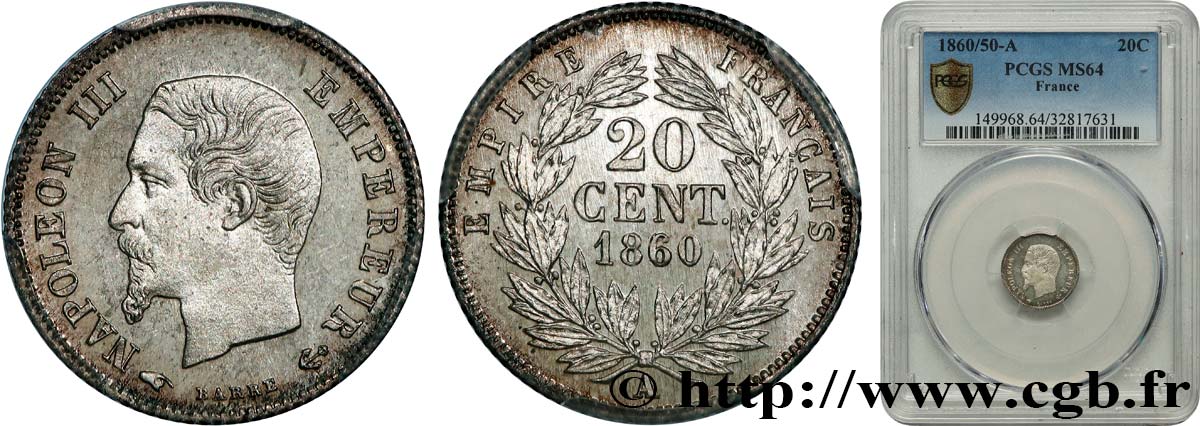 20 centimes Napoléon III, tête nue 1860 Paris F.148/13 MS64 PCGS