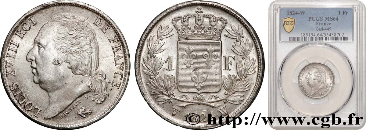 1 franc Louis XVIII 1824 Lille F.206/66 MS64 PCGS