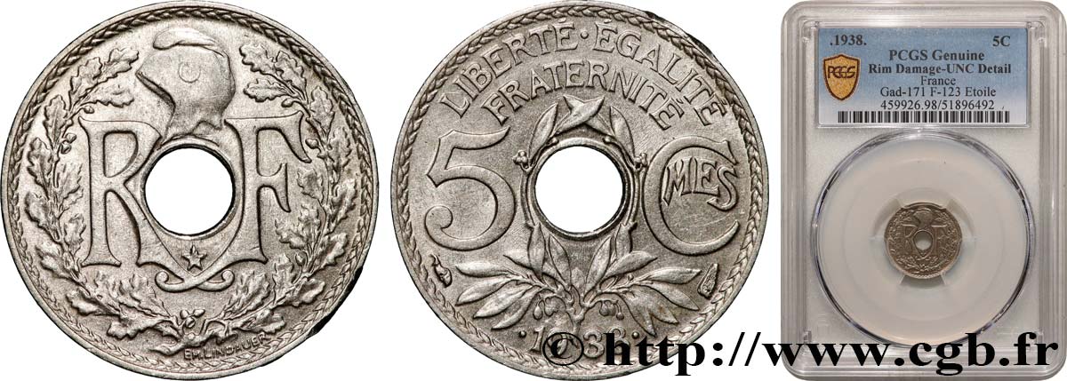 5 centimes Lindauer, maillechort, avec étoile 1938  F.123/1 SUP+ PCGS