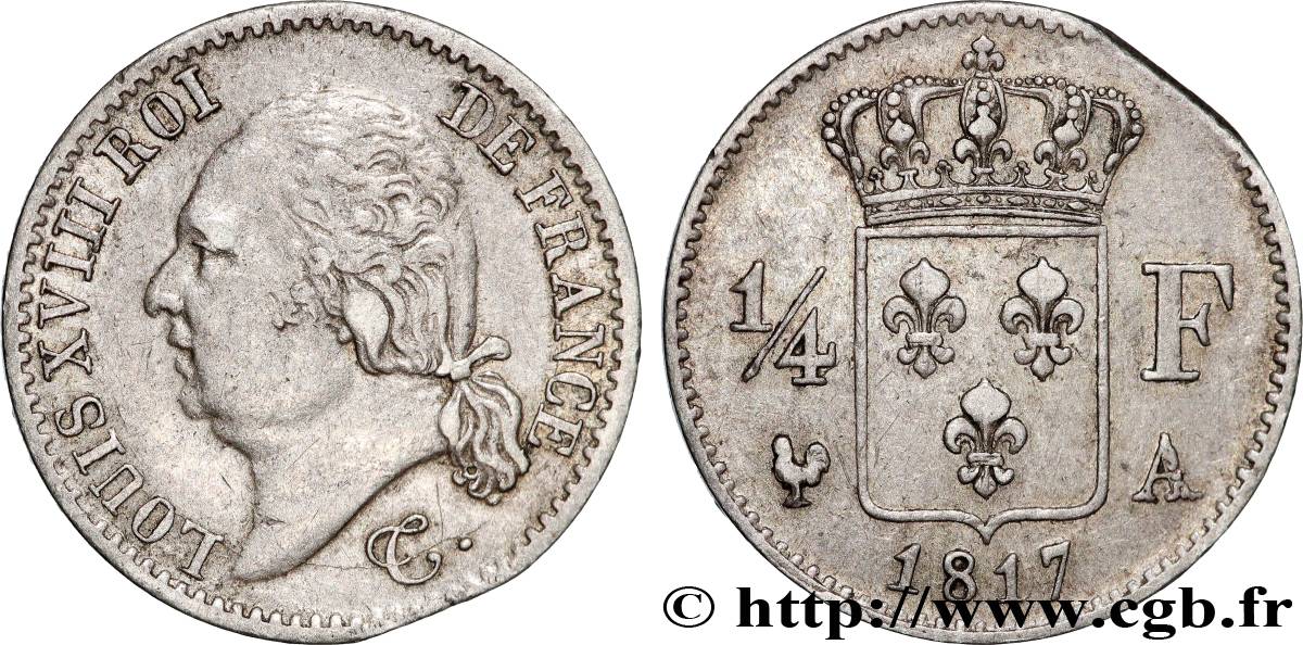 1/4 franc Louis XVIII  1817 Paris F.163/1 XF45 