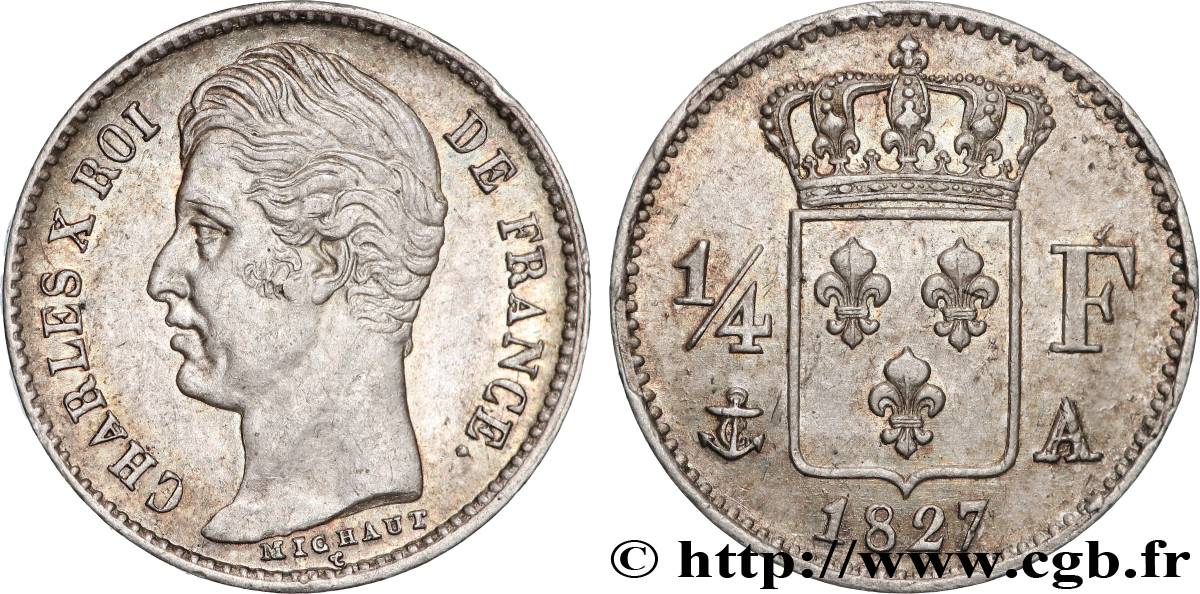 1/4 franc Charles X 1827 Paris F.164/10 AU55 