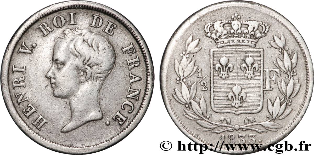 1/2 franc, buste juvénile 1833  VG.2713  SS 