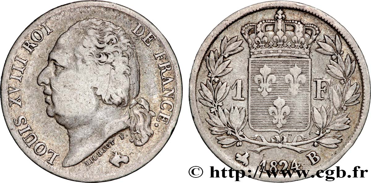 1 franc Louis XVIII 1824 Rouen F.206/57 VF 