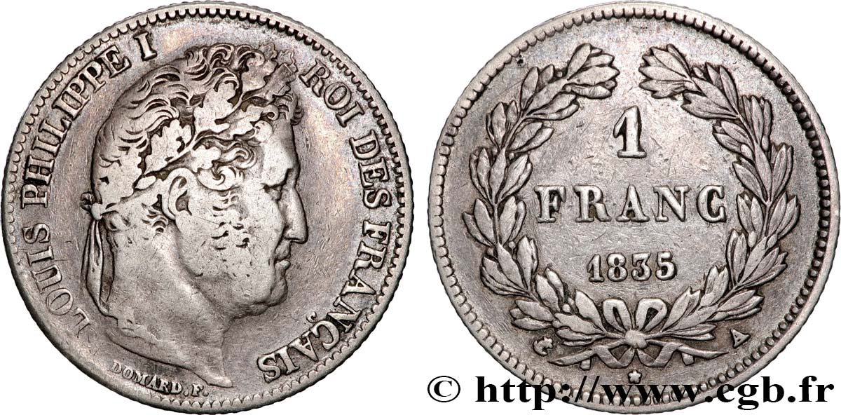 1 franc Louis-Philippe, couronne de chêne 1835 Paris F.210/40 VF 