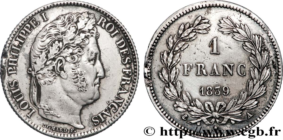 1 franc Louis-Philippe, couronne de chêne 1839 Paris F.210/67 TTB 