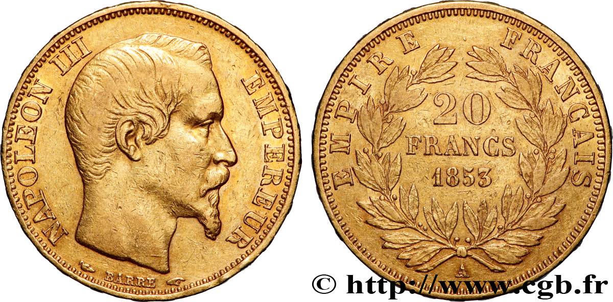 20 francs or Napoléon III, tête nue 1853 Paris F.531/1 XF 