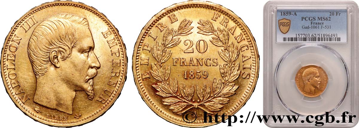 20 francs or Napoléon III, tête nue 1859 Paris F.531/15 MS62 PCGS