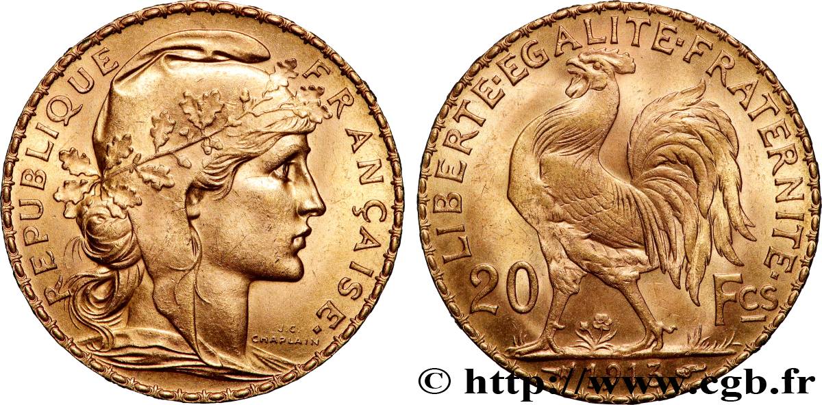 20 francs or Coq, Liberté Égalité Fraternité 1913 Paris F.535/7 SPL 