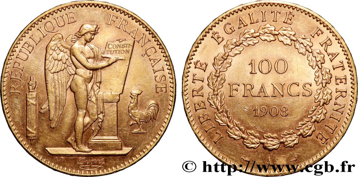 100 francs génie, tranche inscrite en relief liberté égalité fraternité 1908 Paris F.553/2 SUP 