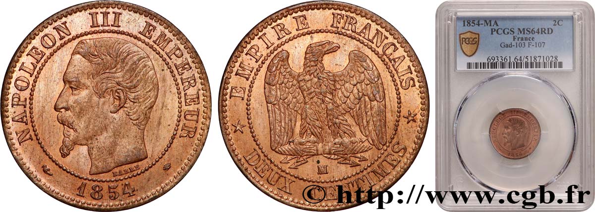 Deux centimes Napoléon III, tête nue 1854 Marseille F.107/17 SPL64 PCGS